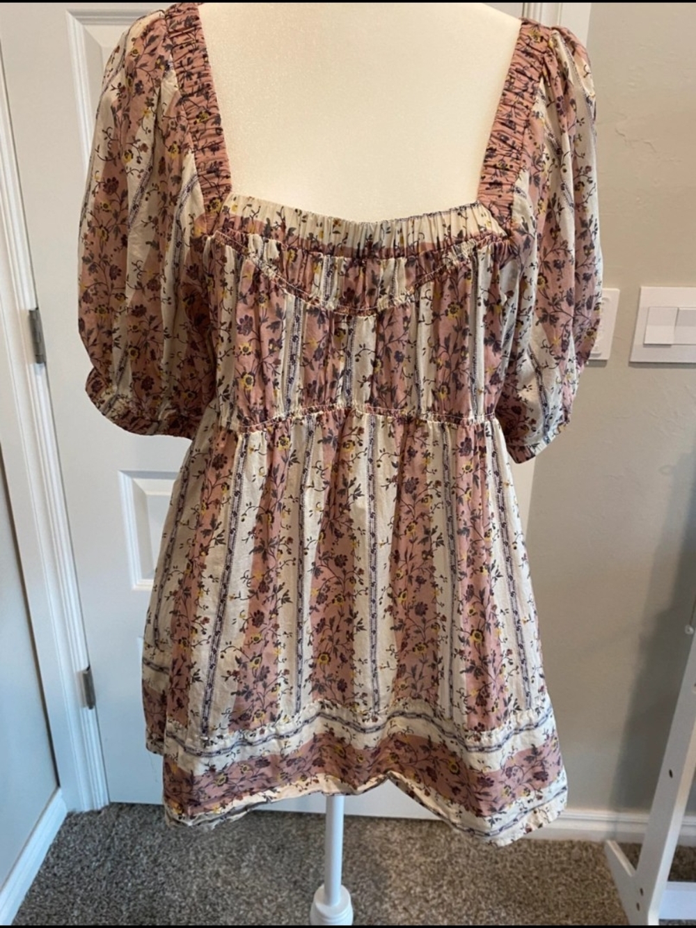 Free People Floral Peasant Babydoll Top | Blush Multi | Size M | NWOT